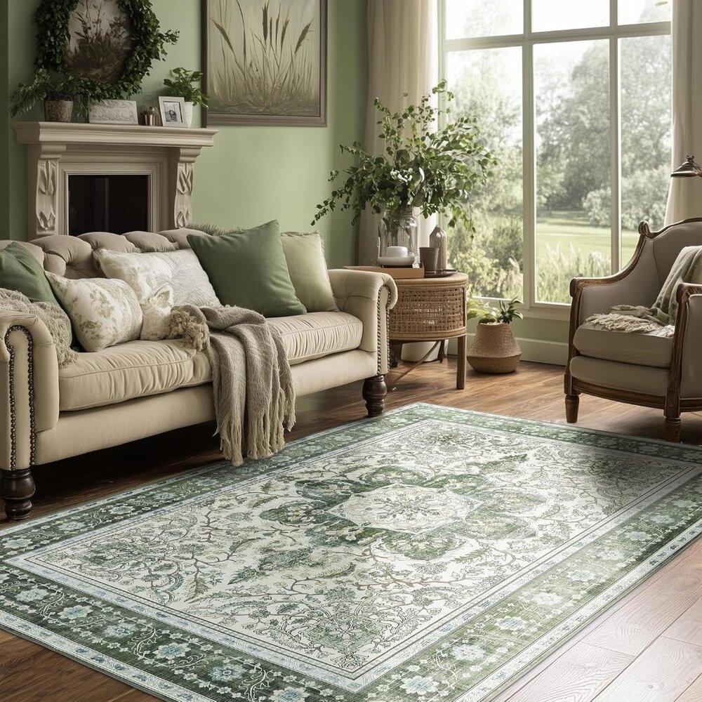 New 5x7 Green Area Rug, Washable Vintage Low Pile Carpet for Home & Room